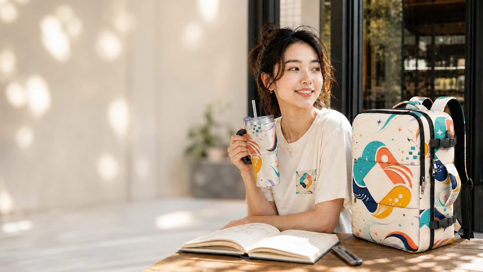 年轻女性在咖啡馆外背着原创图案双肩包，手持同系列随行杯
