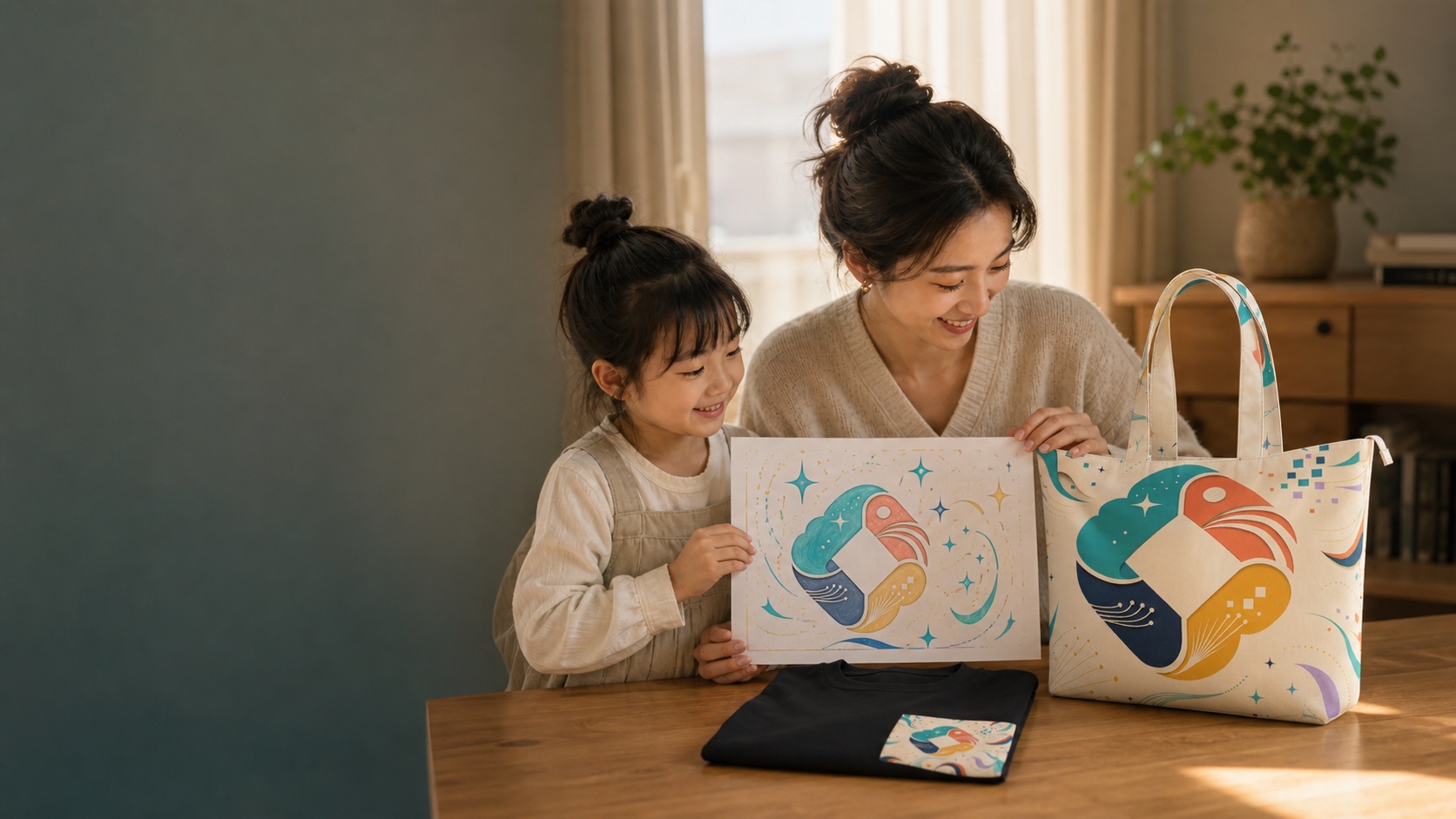 妈妈和孩子把一幅画做成手提包与衣服，留作日常礼物